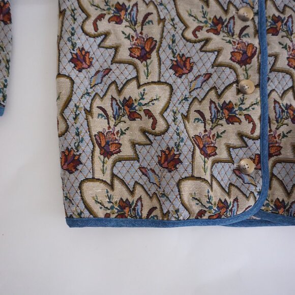Denim & Co Blue Floral Tapestry Button Front Jacket Woven Boho Grandmacore L - Picture 7 of 10